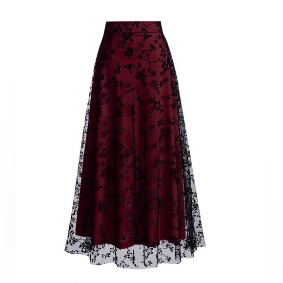 Floral Flocking Tulle Long A-Line Skirt Red - Picture 7 of 12